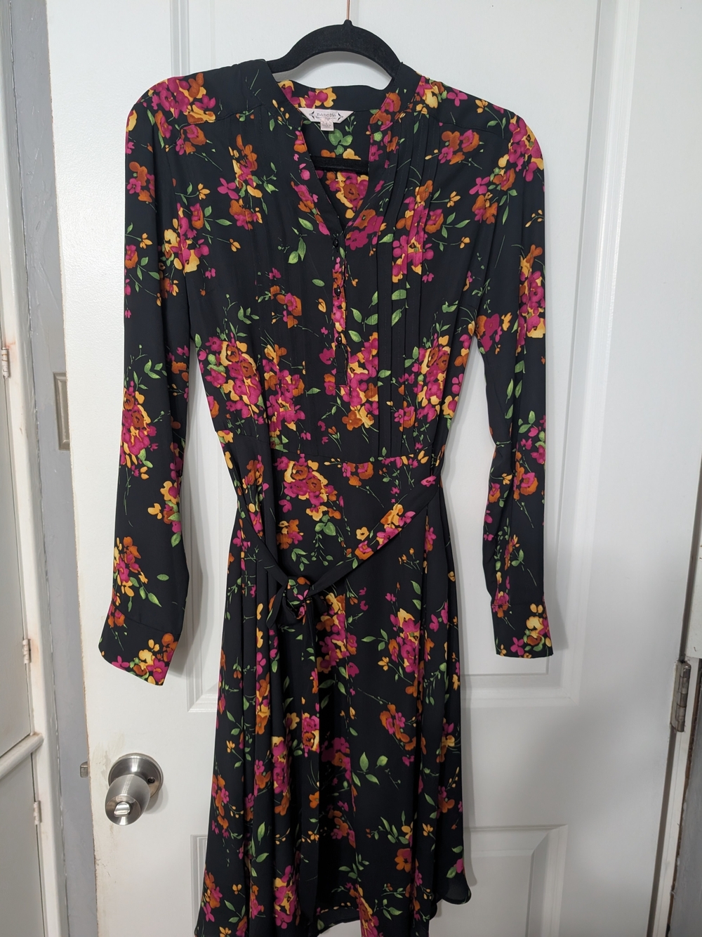 Women's Floral Tie-Waist Dress - Black with Pink & Orange Blooms